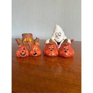 Ceramic Set‎ of 2 Halloween Decor Tree and Pumpkins & Ghost with Pumpkin VTG
